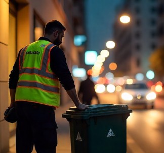 Empleado de Valet Luxe realizando recolección de residuos en horario nocturno